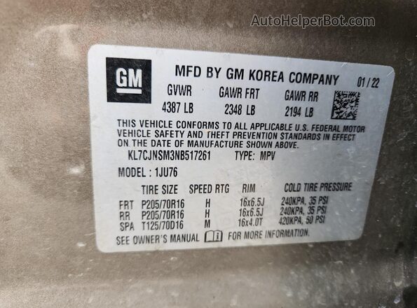 KL7CJNSM3NB517261 2022 CHEVROLET TRAX Brown VIN կոդի պիտակի տեսք