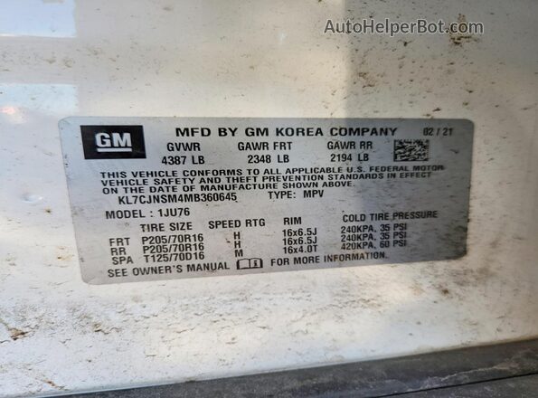 KL7CJNSM4MB360645 2021 CHEVROLET TRAX White Widok naklejki z numerem VIN