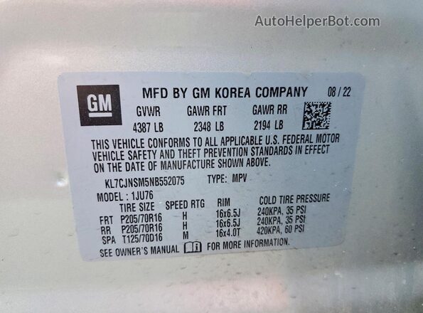 KL7CJNSM5NB552075 2022 CHEVROLET TRAX Silver Vista interior de 360 grados