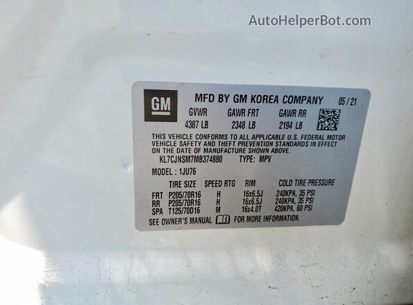 KL7CJNSM7MB374880 2021 CHEVROLET TRAX White Вид наклейки з VIN-кодом
