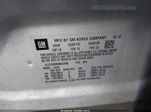 KL7CJNSM9NB542908 2022 CHEVROLET TRAX Gray Widok komory silnika