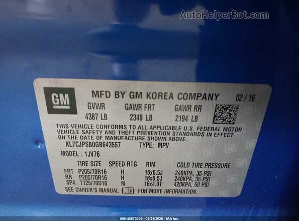 KL7CJPSB0GB643557 2016 CHEVROLET TRAX Blue ძრავის განყოფილების ხედი