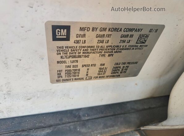 KL7CJPSB0JB671642 2018 CHEVROLET TRAX White Вид підкапотного простору