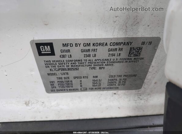 KL7CJPSB0LB025262 2020 CHEVROLET TRAX White Vista del compartimento del motor