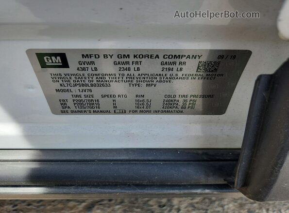 KL7CJPSB0LB032633 2020 CHEVROLET TRAX White Vista del compartimento del motor
