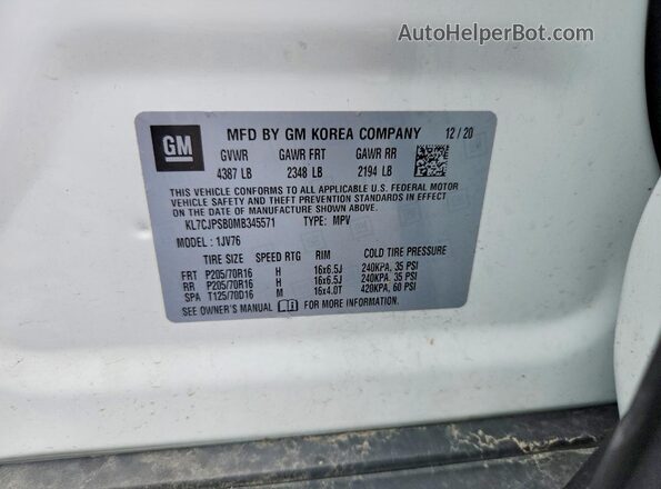 KL7CJPSB0MB345571 2021 CHEVROLET TRAX White Vista del compartimento del motor