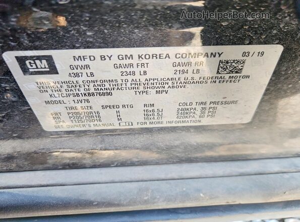 KL7CJPSB1KB876890 2019 CHEVROLET TRAX Black VIN sticker view