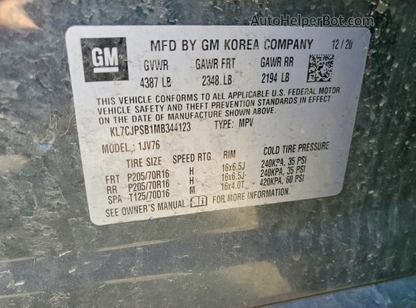 KL7CJPSB1MB344123 2021 CHEVROLET TRAX Gray VIN კოდის სტიკერის ხედი