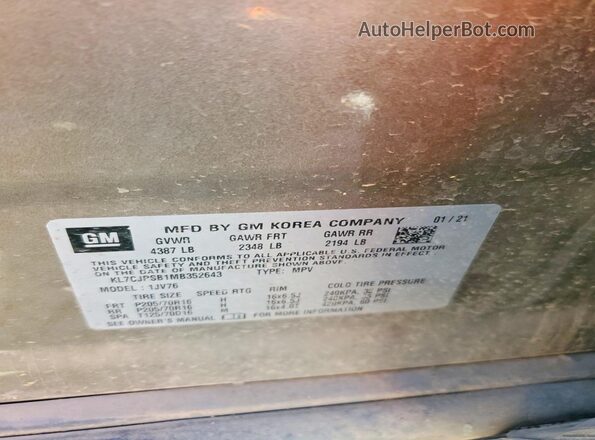 KL7CJPSB1MB352643 2021 CHEVROLET TRAX Tan VIN კოდის სტიკერის ხედი