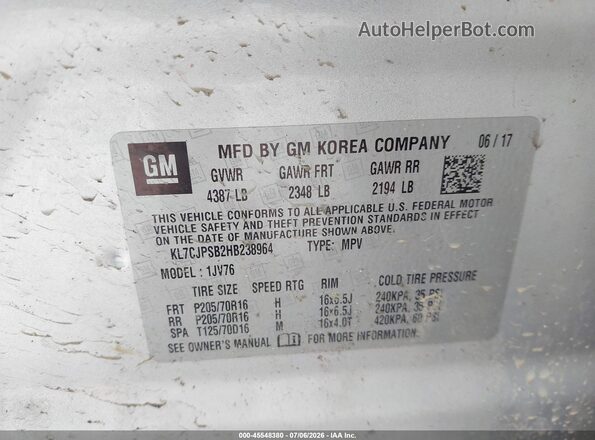 KL7CJPSB2HB238964 2017 CHEVROLET TRAX Silver უკანა სავარძლების ხედი
