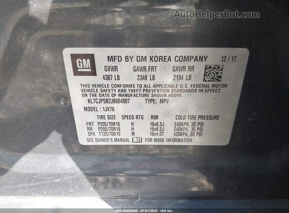 KL7CJPSB2JB604007 2018 CHEVROLET TRAX Gray Շարժիչի բաժամունքի տեսք