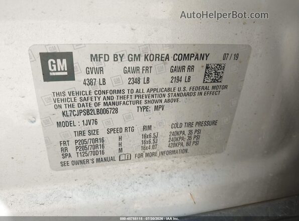 KL7CJPSB2LB006728 2020 CHEVROLET TRAX Silver Widok komory silnika