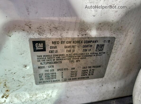 KL7CJPSB2LB064726 2020 CHEVROLET TRAX White Շարժիչի բաժամունքի տեսք