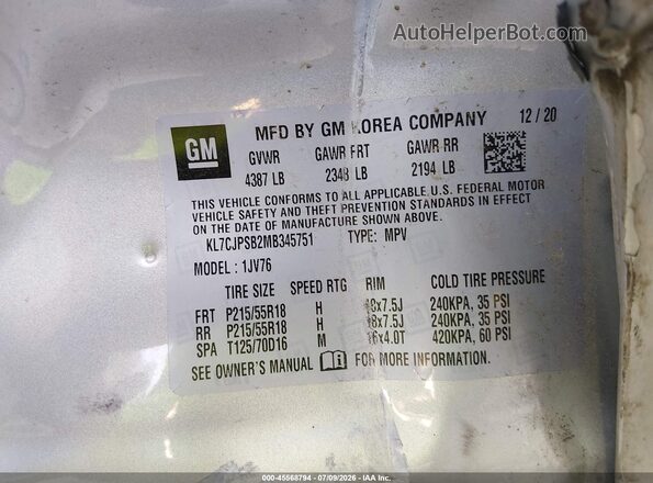 KL7CJPSB2MB345751 2021 CHEVROLET TRAX Silver Vista del compartimento del motor
