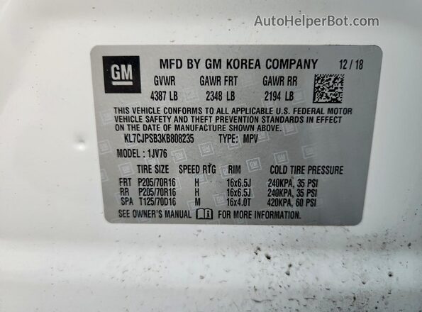 KL7CJPSB3KB808235 2019 CHEVROLET TRAX White Вид наклейки з VIN-кодом