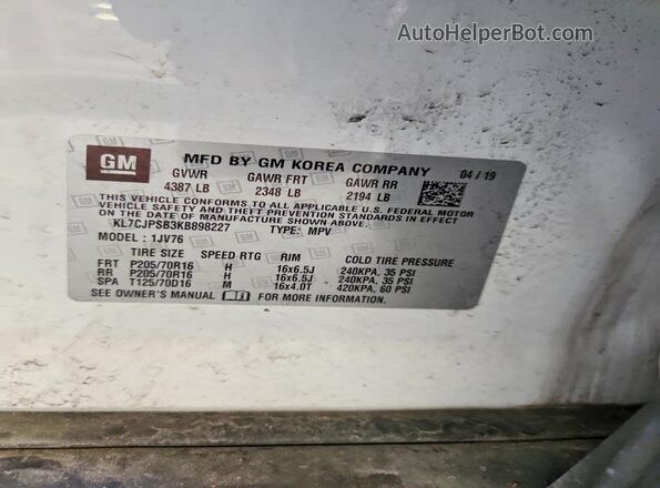 KL7CJPSB3KB898227 2019 CHEVROLET TRAX White Vista del compartimento del motor
