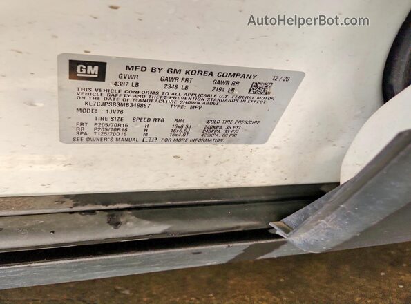 KL7CJPSB3MB348867 2021 CHEVROLET TRAX Белый Вид наклейки с VIN-кодом