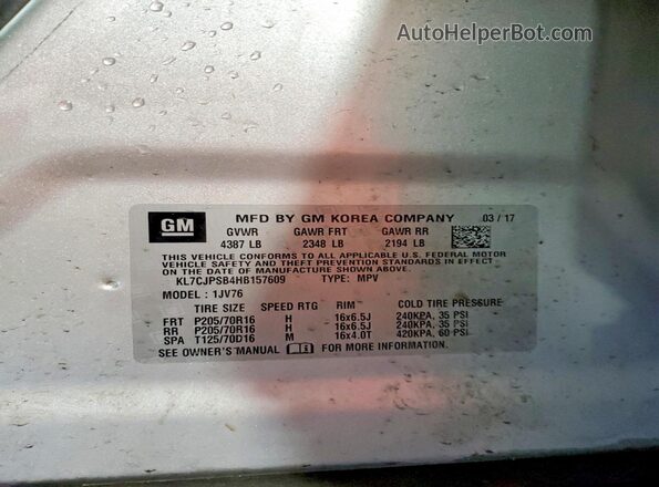 KL7CJPSB4HB157609 2017 CHEVROLET TRAX Silver VIN sticker view