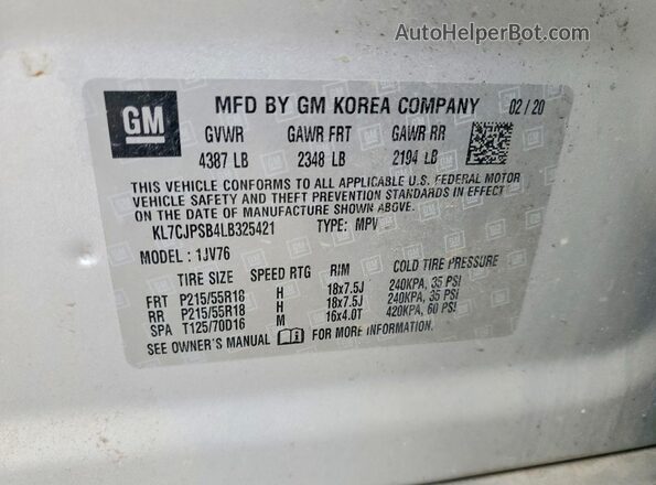 KL7CJPSB4LB325421 2020 CHEVROLET TRAX Silver Вид наклейки з VIN-кодом