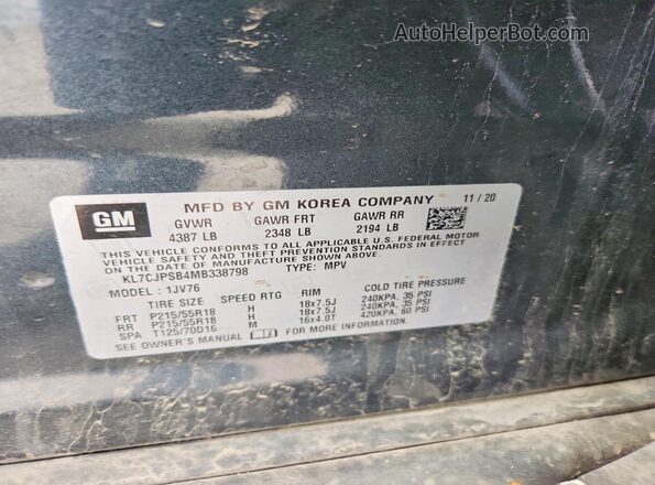 KL7CJPSB4MB338798 2021 CHEVROLET TRAX Blue Vista interior de 360 grados