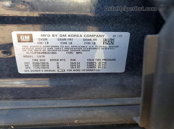 KL7CJPSB4MB351664 2021 CHEVROLET TRAX Blue Vista interior de 360 grados