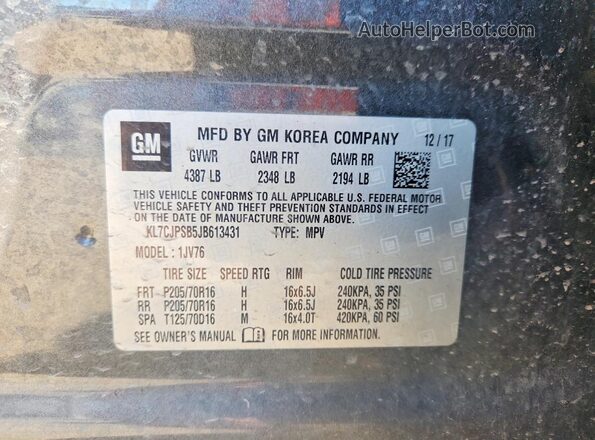 KL7CJPSB5JB613431 2018 CHEVROLET TRAX Угольный Вид наклейки с VIN-кодом