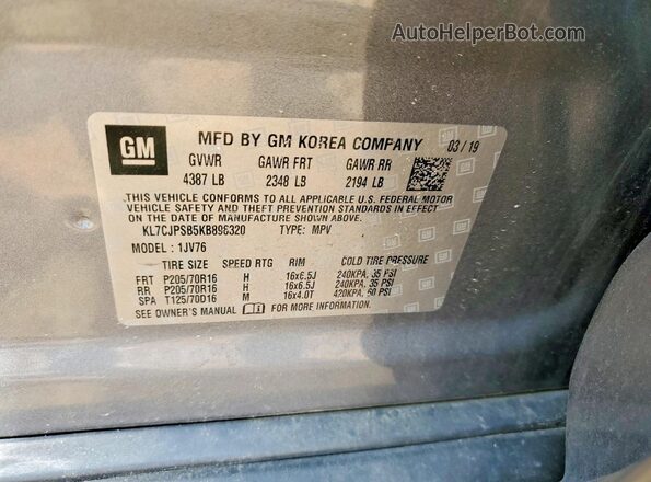 KL7CJPSB5KB896320 2019 CHEVROLET TRAX Gray VIN կոդի պիտակի տեսք