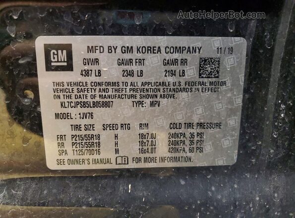 KL7CJPSB5LB058807 2020 CHEVROLET TRAX Black VIN sticker view