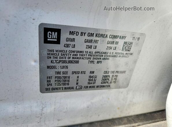 KL7CJPSB5LB062680 2020 CHEVROLET TRAX White Вид наклейки з VIN-кодом