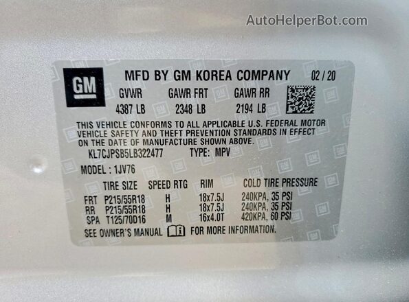 KL7CJPSB5LB322477 2020 CHEVROLET TRAX Gray Սալոնի 360 աստիճան տեսք