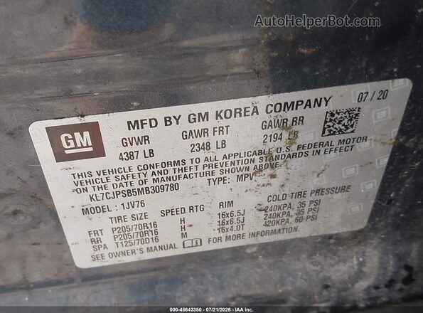 KL7CJPSB5MB309780 2021 CHEVROLET TRAX Gray Vista del compartimento del motor