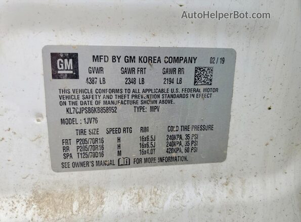 KL7CJPSB6KB858952 2019 CHEVROLET TRAX White 360 interior view