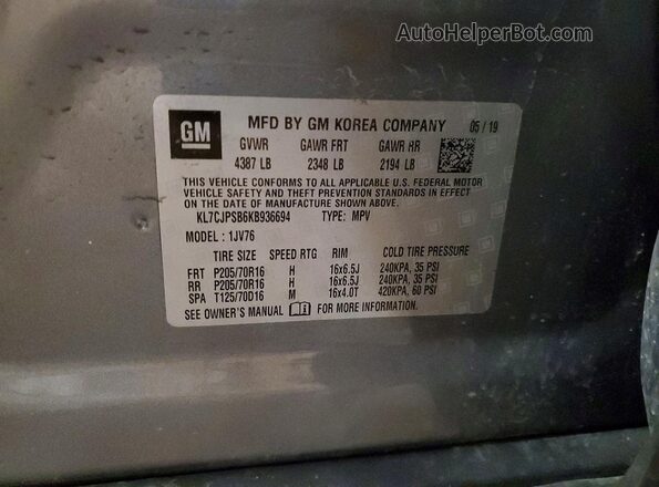 KL7CJPSB6KB936694 2019 CHEVROLET TRAX Серый Панорамный вид салона 360°