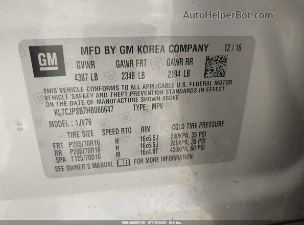 KL7CJPSB7HB086647 2017 CHEVROLET TRAX Серебряный Вид подкапотного пространства