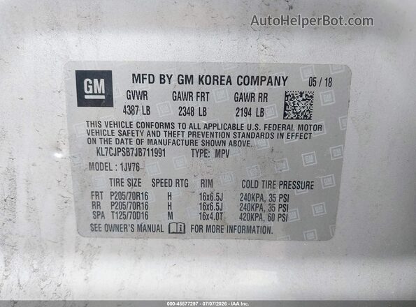 KL7CJPSB7JB711991 2018 CHEVROLET TRAX Silver Շարժիչի բաժամունքի տեսք