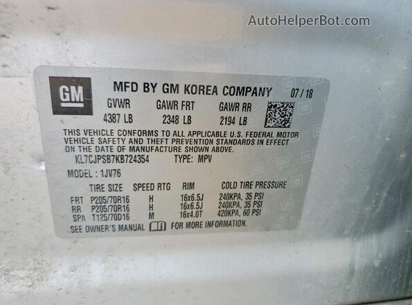 KL7CJPSB7KB724354 2019 CHEVROLET TRAX Silver VIN კოდის სტიკერის ხედი