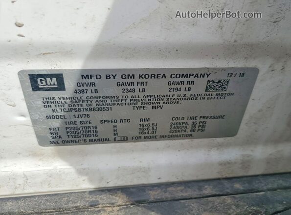 KL7CJPSB7KB830531 2019 CHEVROLET TRAX White VIN կոդի պիտակի տեսք