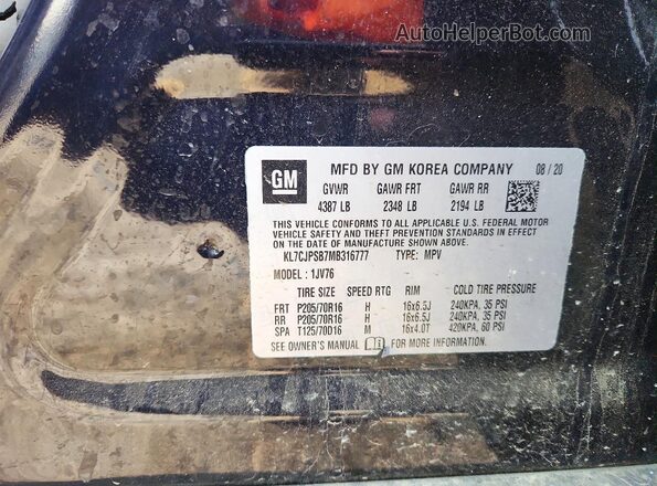KL7CJPSB7MB316777 2021 CHEVROLET TRAX Blue Widok naklejki z numerem VIN