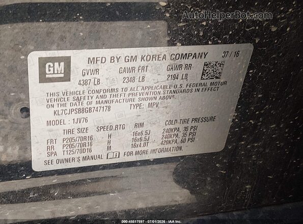 KL7CJPSB8GB747178 2016 CHEVROLET TRAX Черный Вид подкапотного пространства