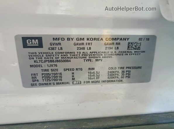 KL7CJPSB8JB650084 2018 CHEVROLET TRAX White VIN sticker view