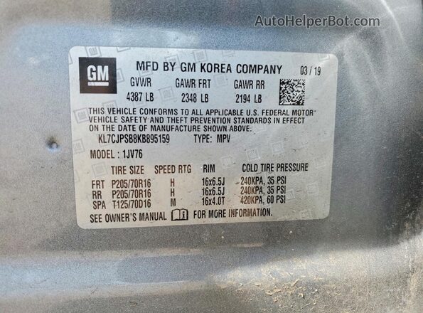 KL7CJPSB8KB895159 2019 CHEVROLET TRAX Gray Widok naklejki z numerem VIN