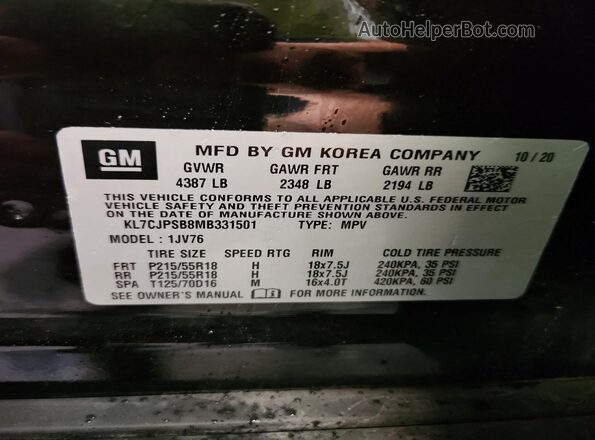 KL7CJPSB8MB331501 2021 CHEVROLET TRAX Black Vista de la etiqueta del VIN