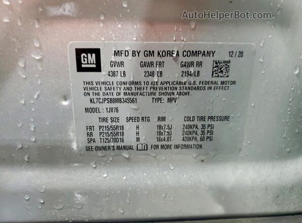 KL7CJPSB8MB345561 2021 CHEVROLET TRAX Silver Շարժիչի բաժամունքի տեսք