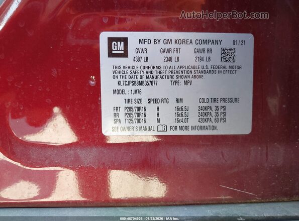 KL7CJPSB8MB357077 2021 CHEVROLET TRAX Red Vista del compartimento del motor