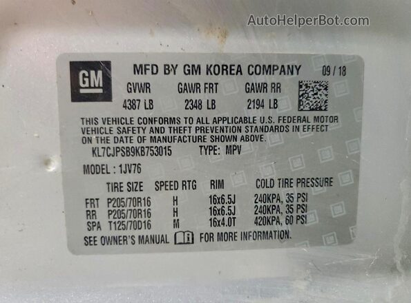 KL7CJPSB9KB753015 2019 CHEVROLET TRAX Silver Вид наклейки з VIN-кодом