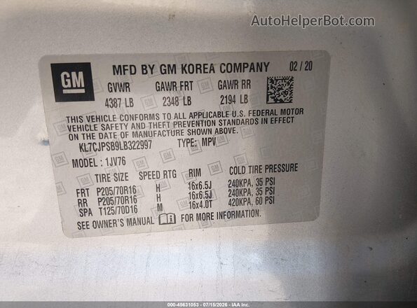 KL7CJPSB9LB322997 2020 CHEVROLET TRAX Silver Vista del compartimento del motor