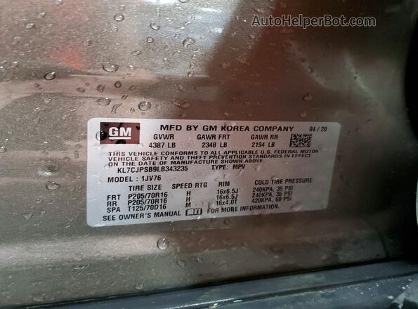 KL7CJPSB9LB343235 2020 CHEVROLET TRAX Brown VIN կոդի պիտակի տեսք