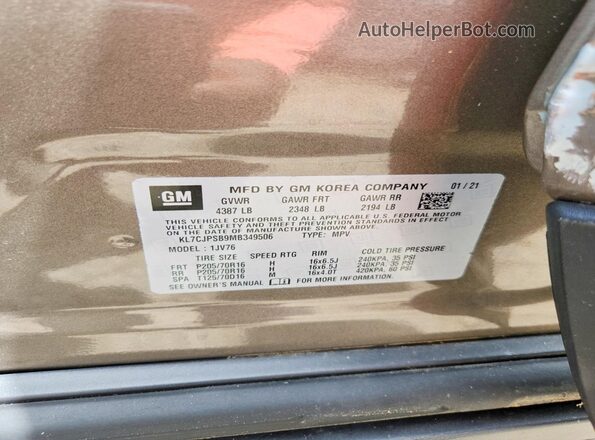 KL7CJPSB9MB349506 2021 CHEVROLET TRAX Коричневый Вид наклейки с VIN-кодом
