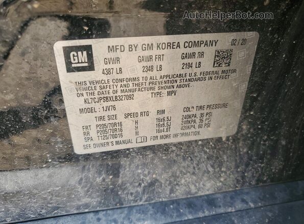 KL7CJPSBXLB327092 2020 CHEVROLET TRAX Black VIN կոդի պիտակի տեսք