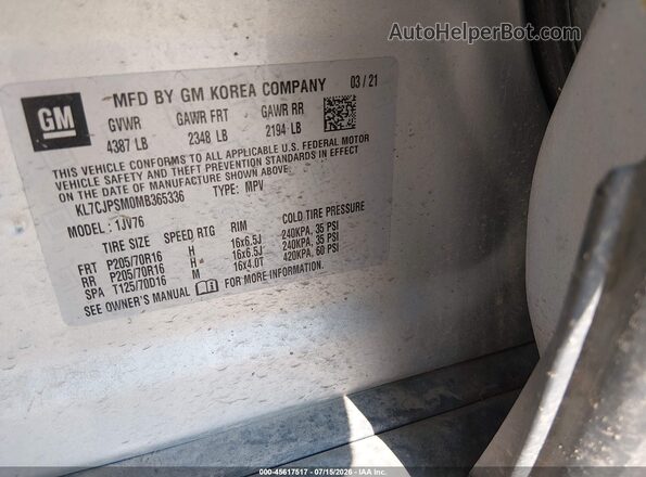 KL7CJPSM0MB365336 2021 CHEVROLET TRAX Silver Vista del compartimento del motor